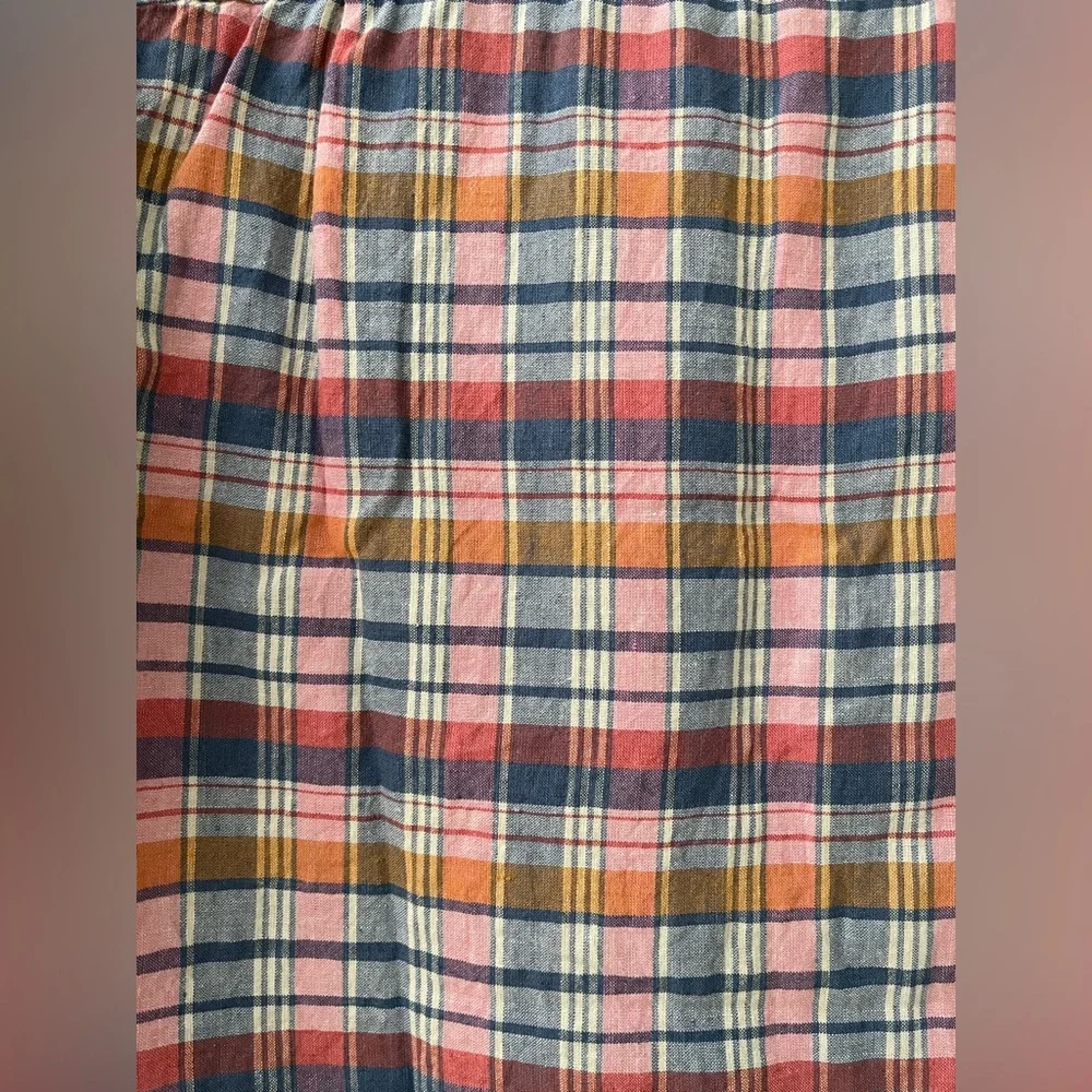 Men’s J. Crew Linen Blend Plaid Camp Short Sleeve Slim Fit Shirt L Preppy Casual